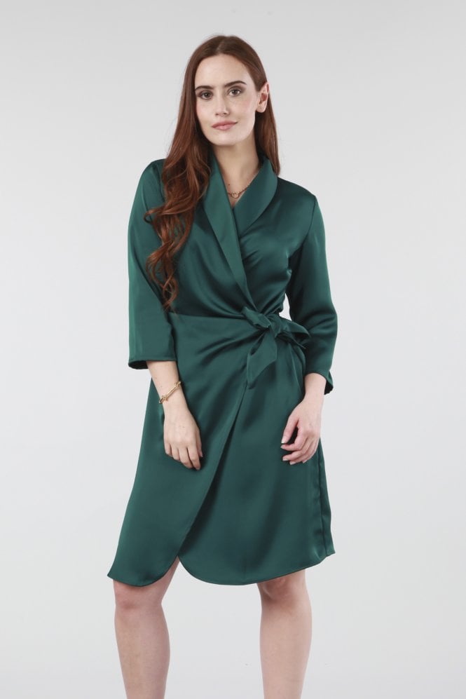 Green Wrap Belted Satin Dress 5609